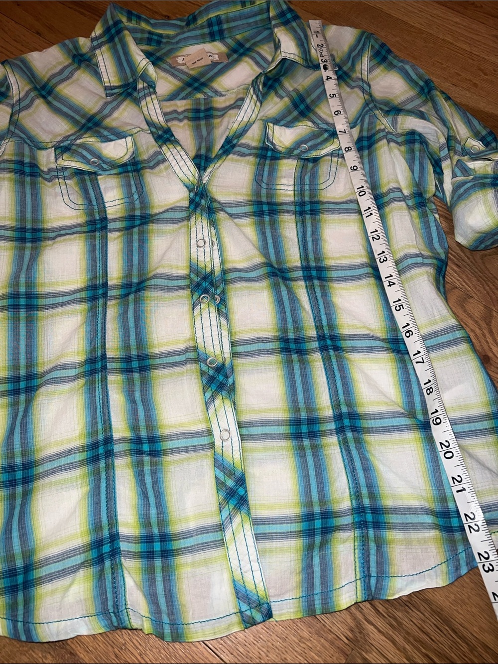 Arizona Jean Company Teal & Lime Plaid Button-Up Shirt Size Large - Picture 3 of 6